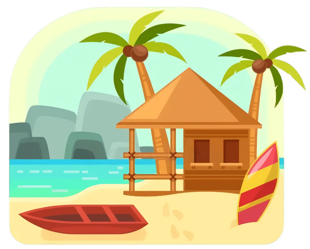 Beach hut with palm trees and boat for tropical travel theme