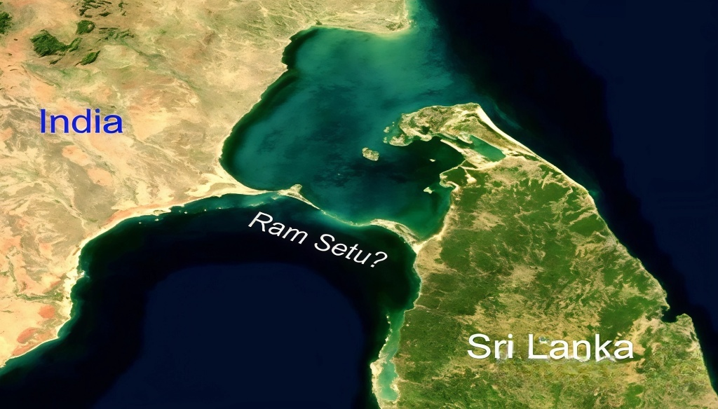 Satellite view of Ram Setu (Adam's Bridge) connecting India and Sri Lanka across the shallow sea, historically linked to the Ramayana