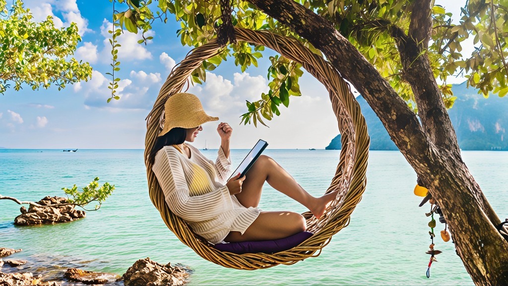 Relaxing tropical beach holiday – woman on swing chair reading book, perfect vacation and travel tour packages