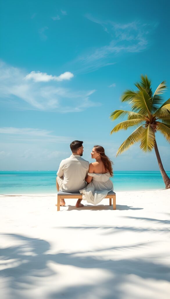 A romantic honeymoon couple relaxing by the beach, holding each other and enjoying a peaceful, luxurious moment — curated by EswarTours honeymoon travel experts