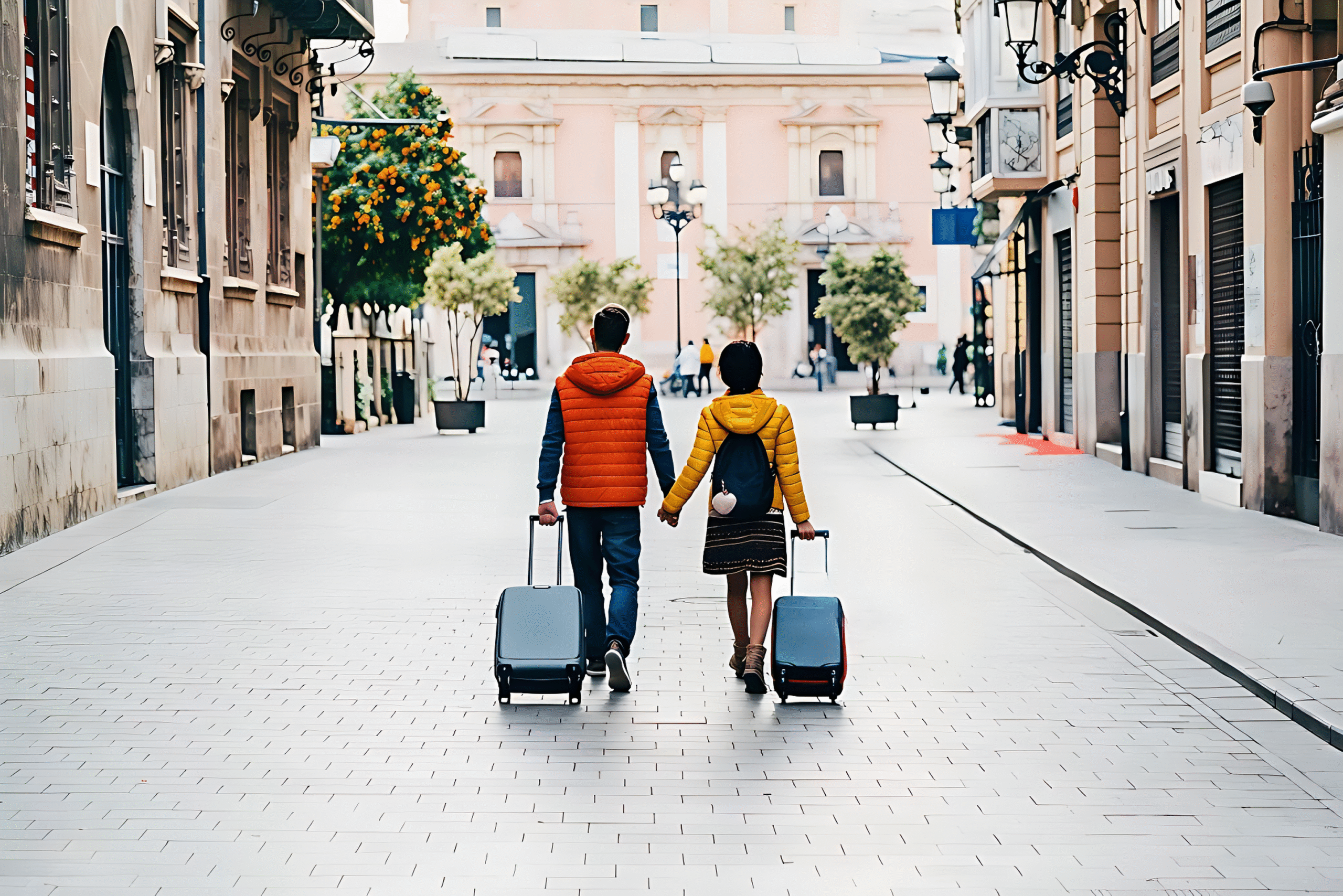 Travelers with suitcases on a city street – contact Eswar Tours for customized travel packages, holiday planning, and tour assistance