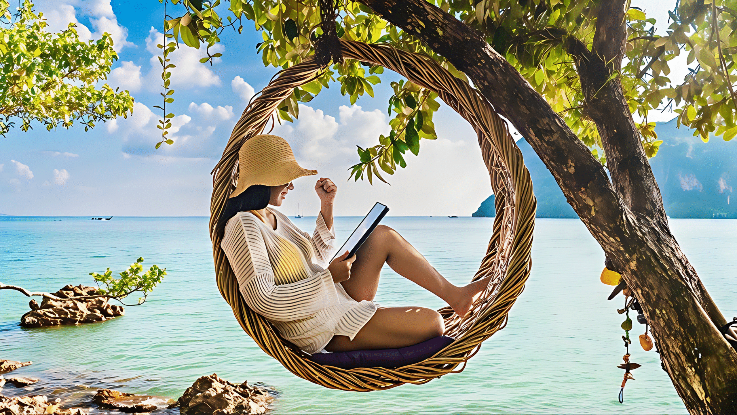 Relaxing tropical beach holiday – woman on swing chair reading book, perfect vacation and travel tour packages