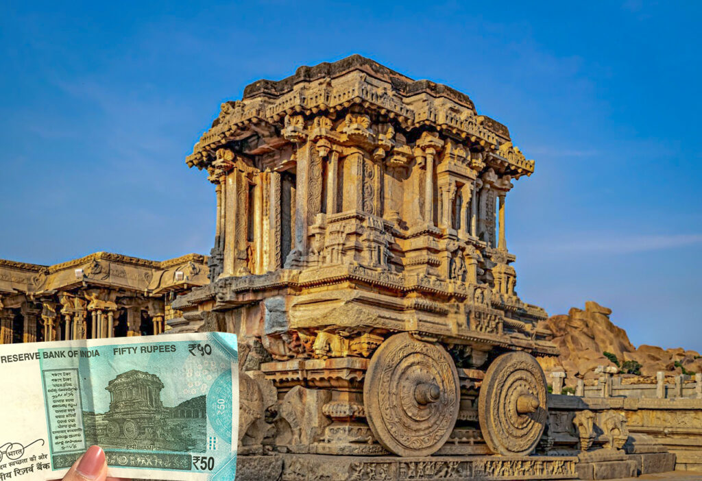 Stone Chariot at Vittala Temple in Hampi Karnataka India, iconic UNESCO World Heritage monument and famous landmark featured on the ₹50 Indian currency note.