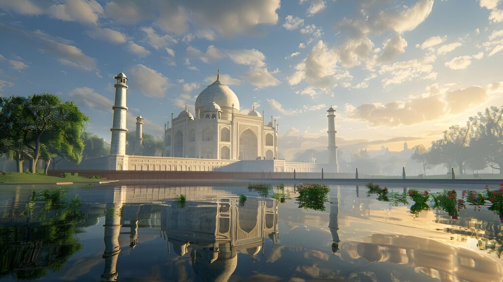 Taj Mahal in Agra India at sunrise, iconic Mughal architecture and UNESCO World Heritage monument included in Eswar Tours India tour packages