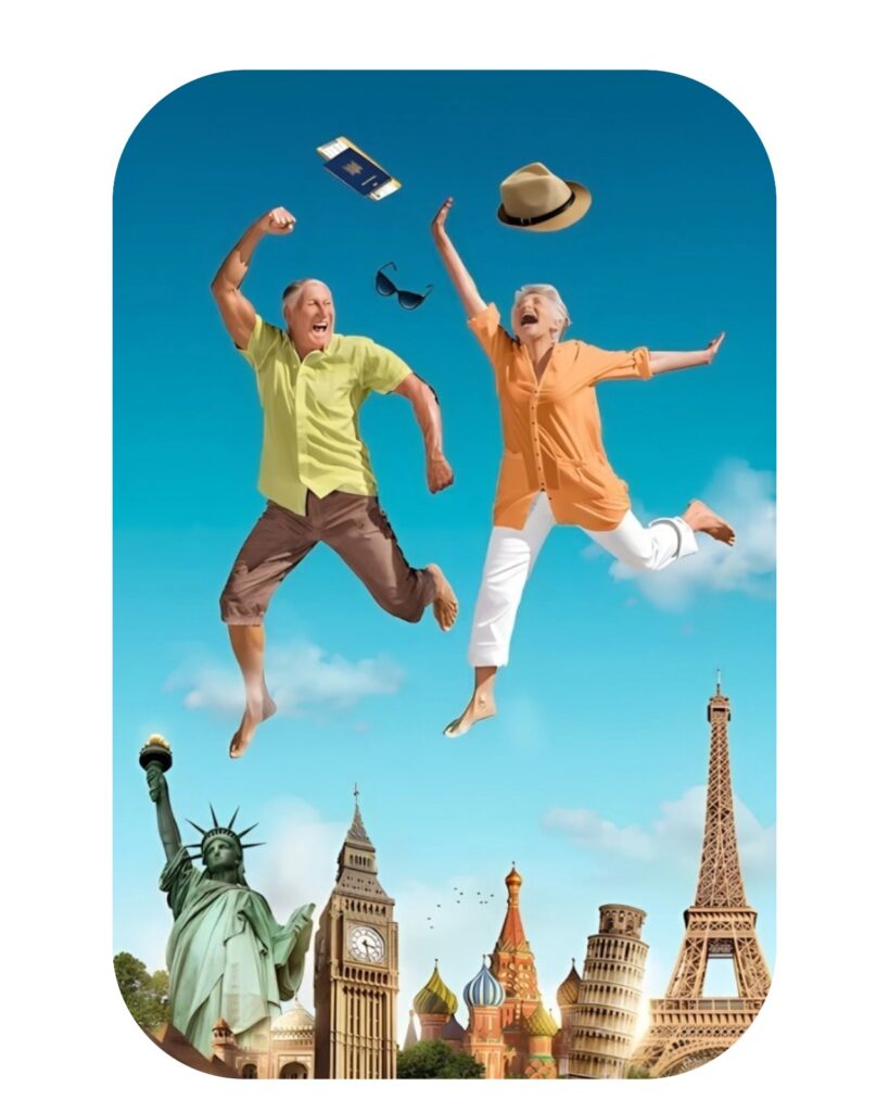 International travel agency tour packages featuring happy senior couple enjoying world holiday with iconic landmarks like Eiffel Tower, Statue of Liberty and Big Ben; luxury family vacation experience